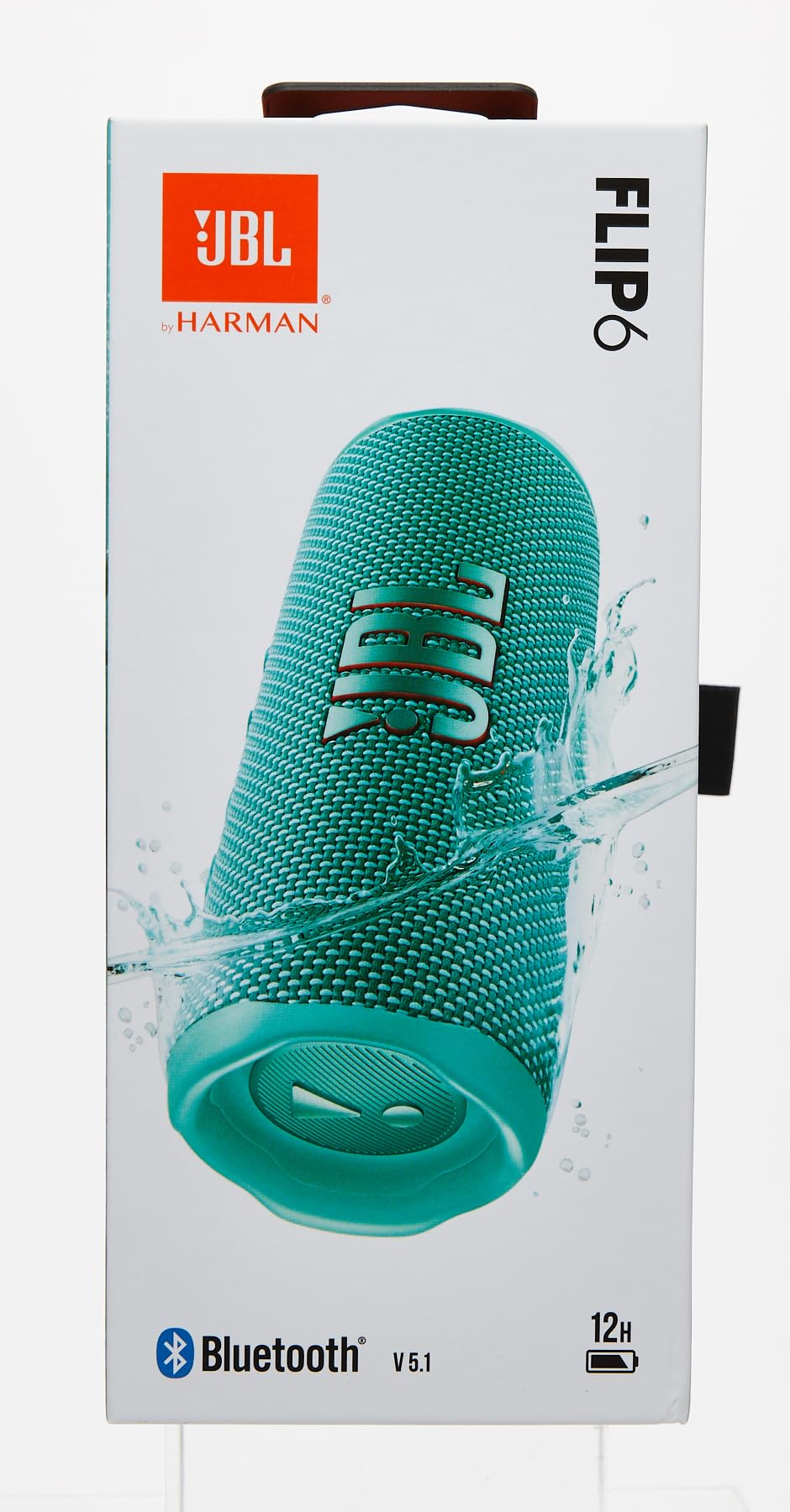 JBL Flip 6 retail box with teal speaker and Bluetooth V5.1 and 12H text