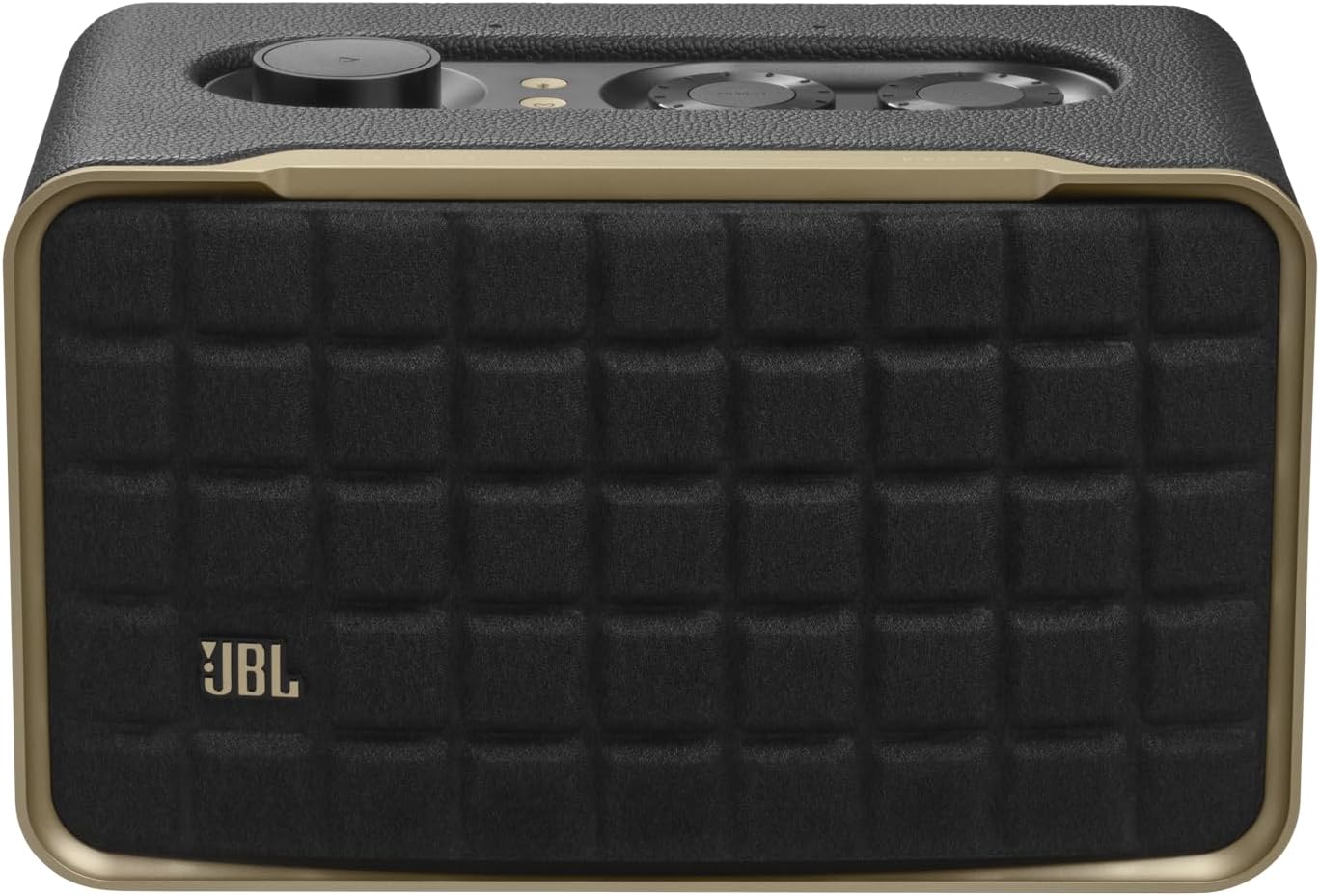 JBL smart home speaker front grille close-up with JBL logo and gold border