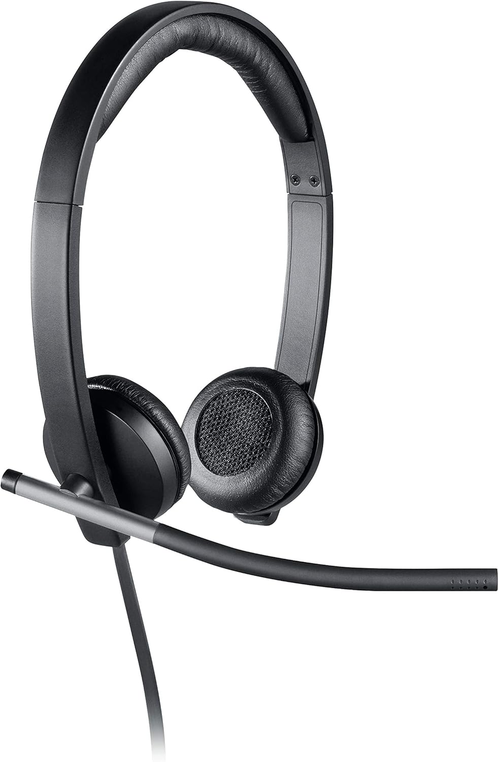 Black over-ear wired headset with boom microphone and padded ear cushions