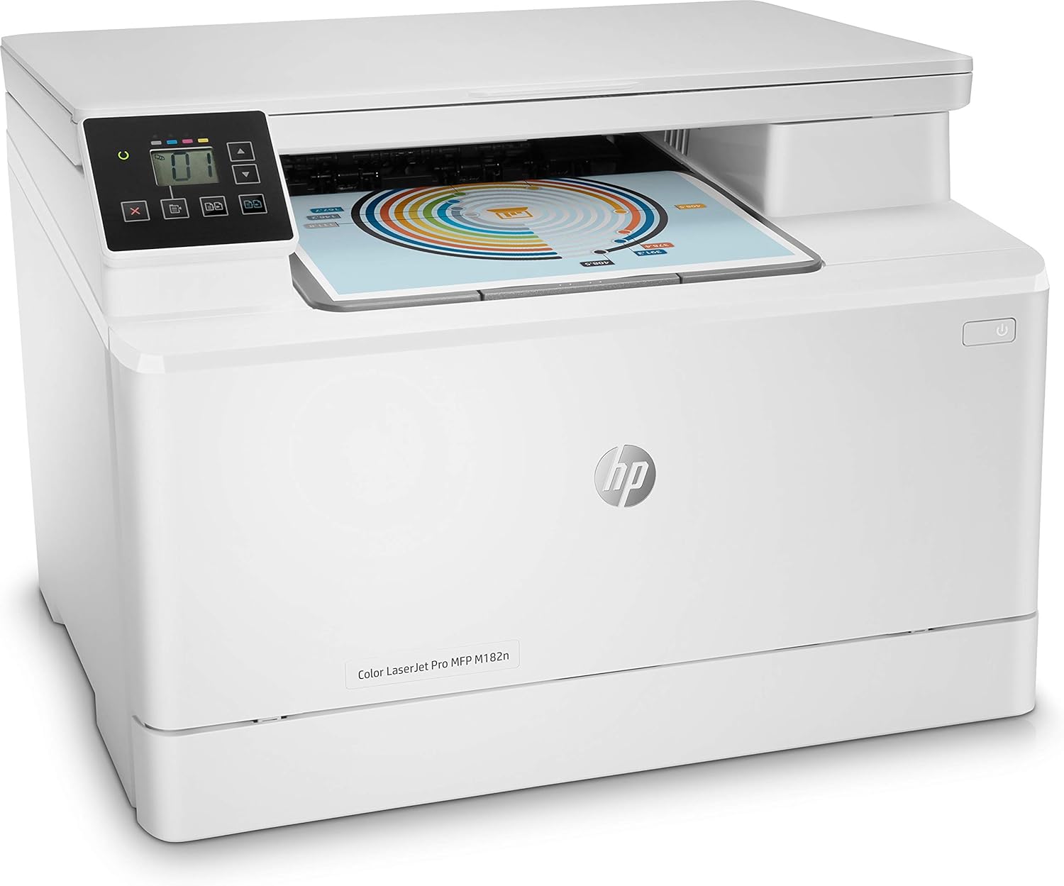 HP Color LaserJet Pro MFP M182n color laser printer with open top lid and control panel