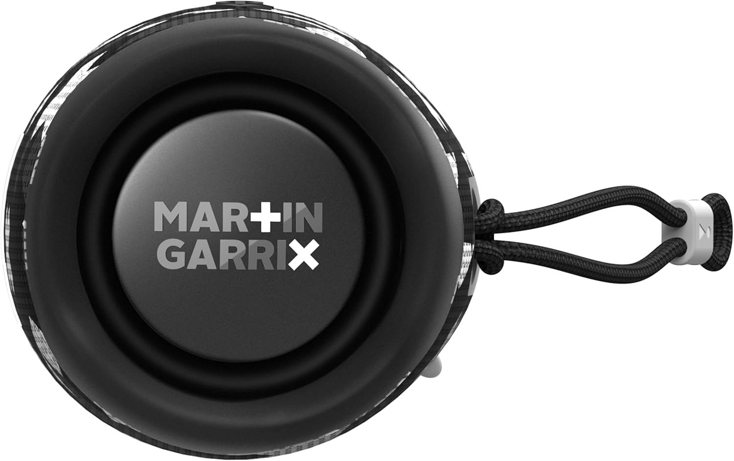 Martin Garrix JBL Flip 6 speaker end cap with black rubber surround and lanyard