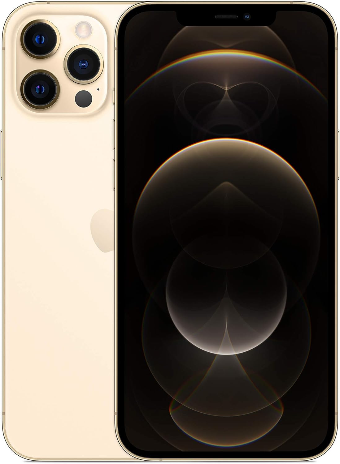 iPhone 12 Pro Max smartphone with gold back and front display, triple camera module visible