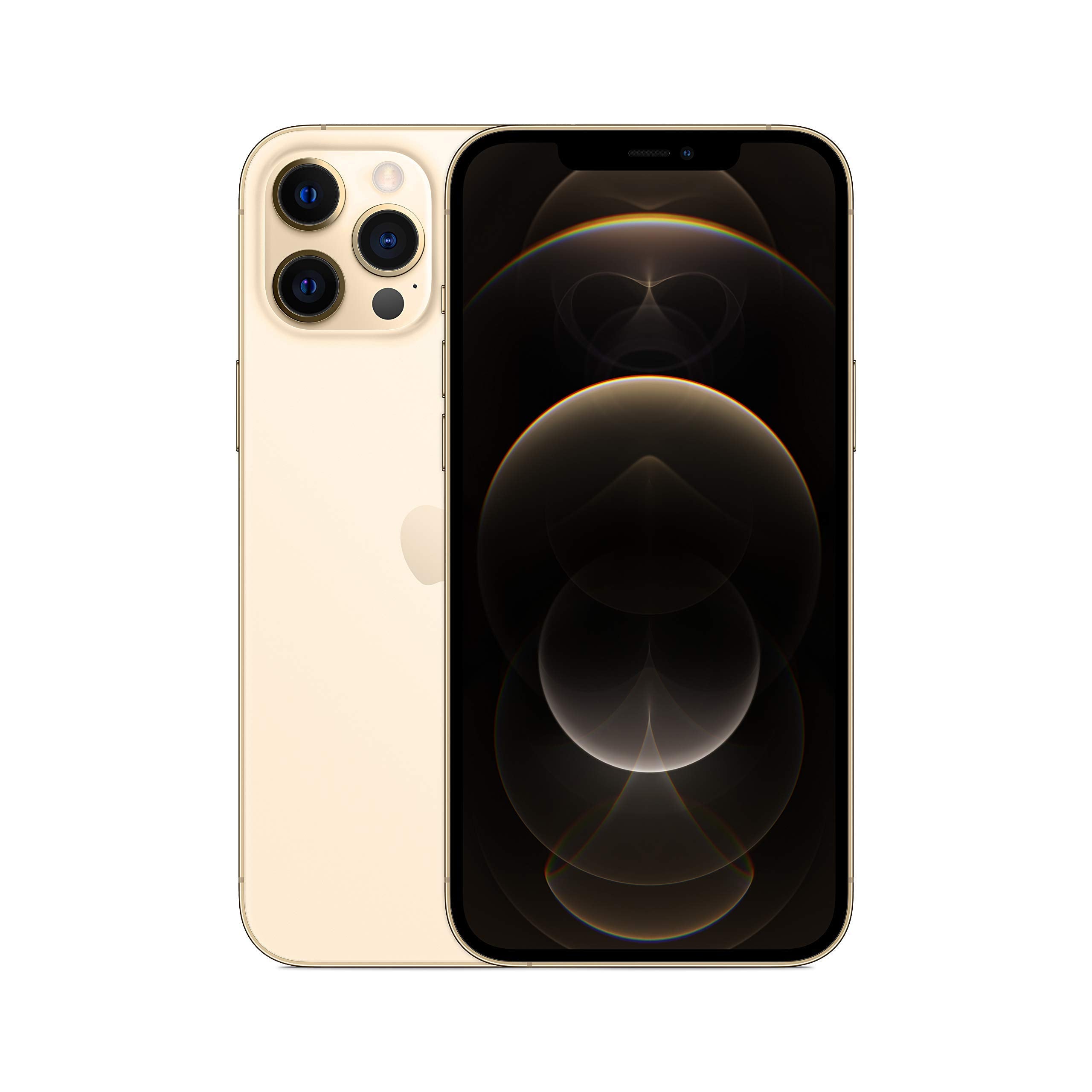 iPhone 12 Pro Max smartphone with gold back and front display, triple camera module visible