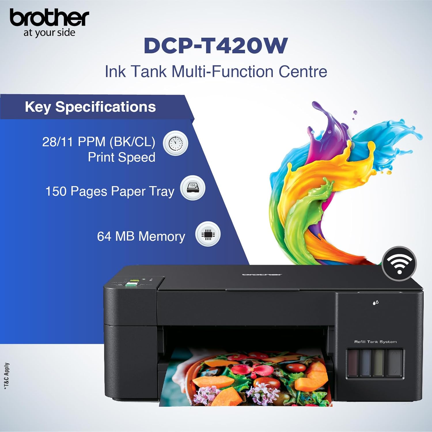 Black ink tank multifunction printer shown on product display with ink tank window