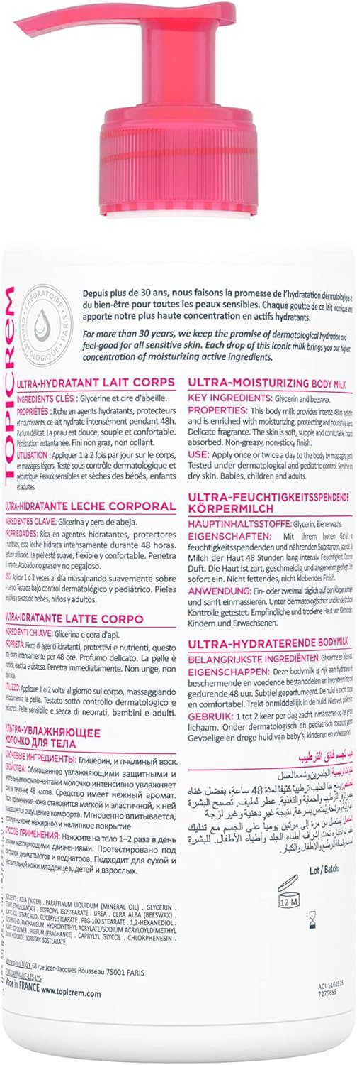 Topicrem Ultra Hydratant body milk lotion bottle, back label view with pink pump