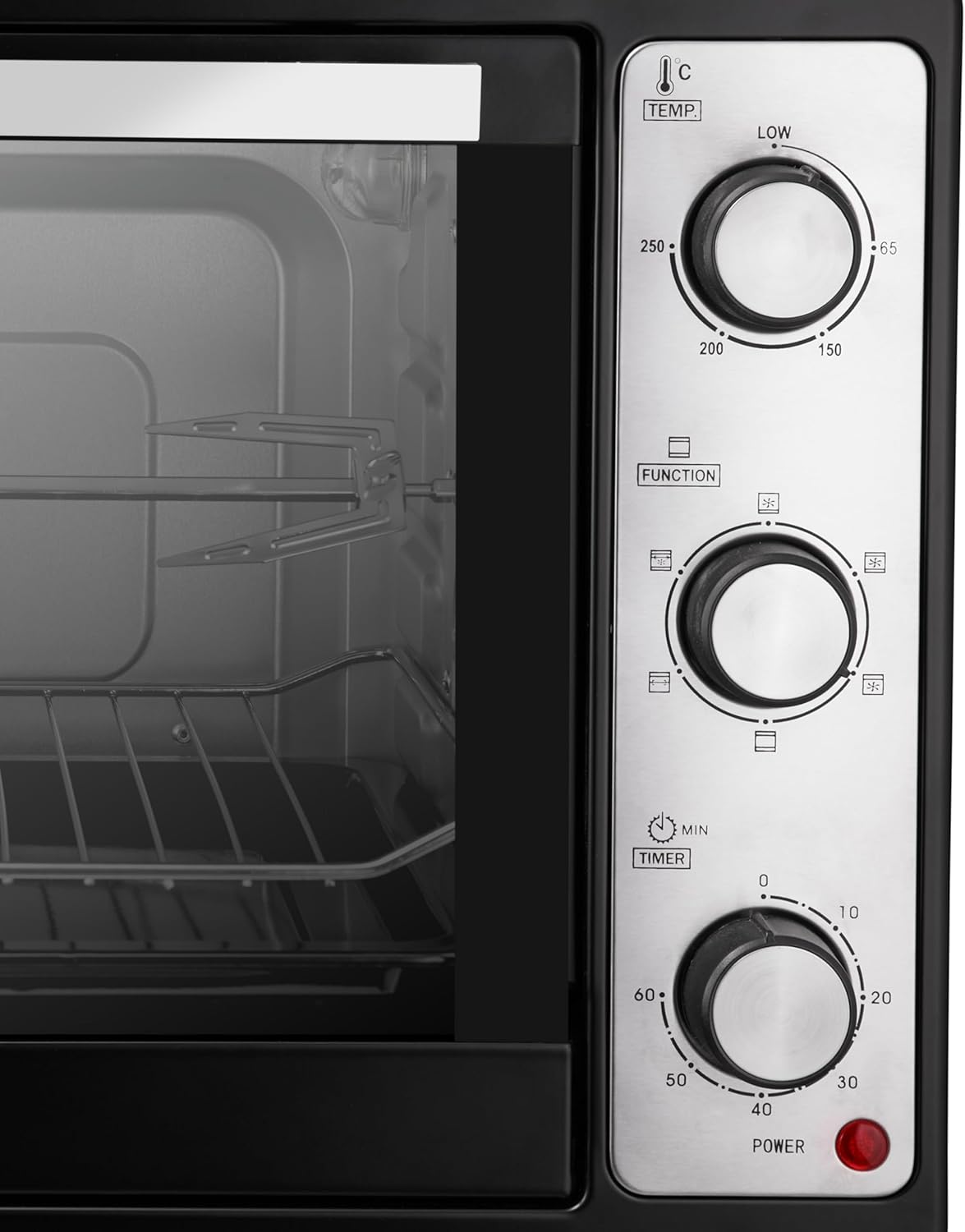Microwave oven control panel with three dials for temperature, function and power