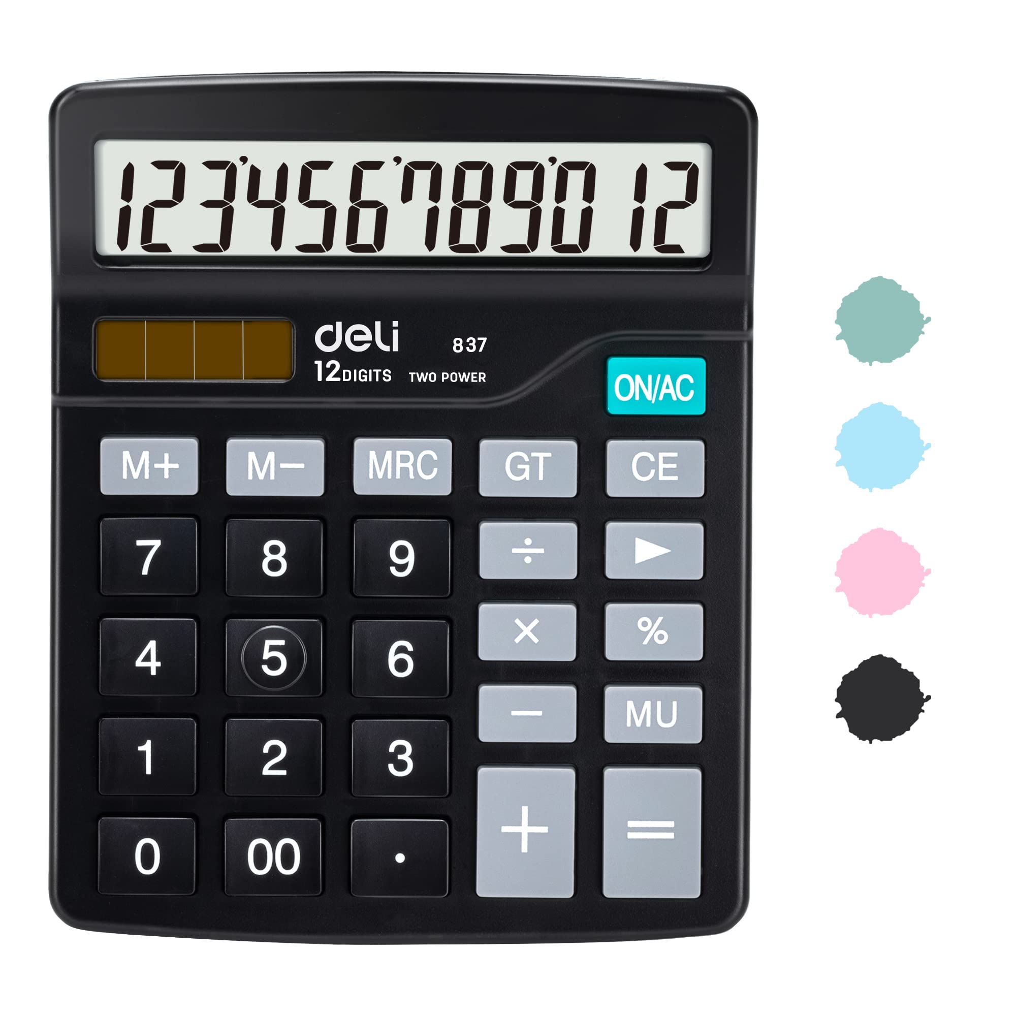 Desktop calculator with black body, 12-digit LCD display, and blue ON/AC button