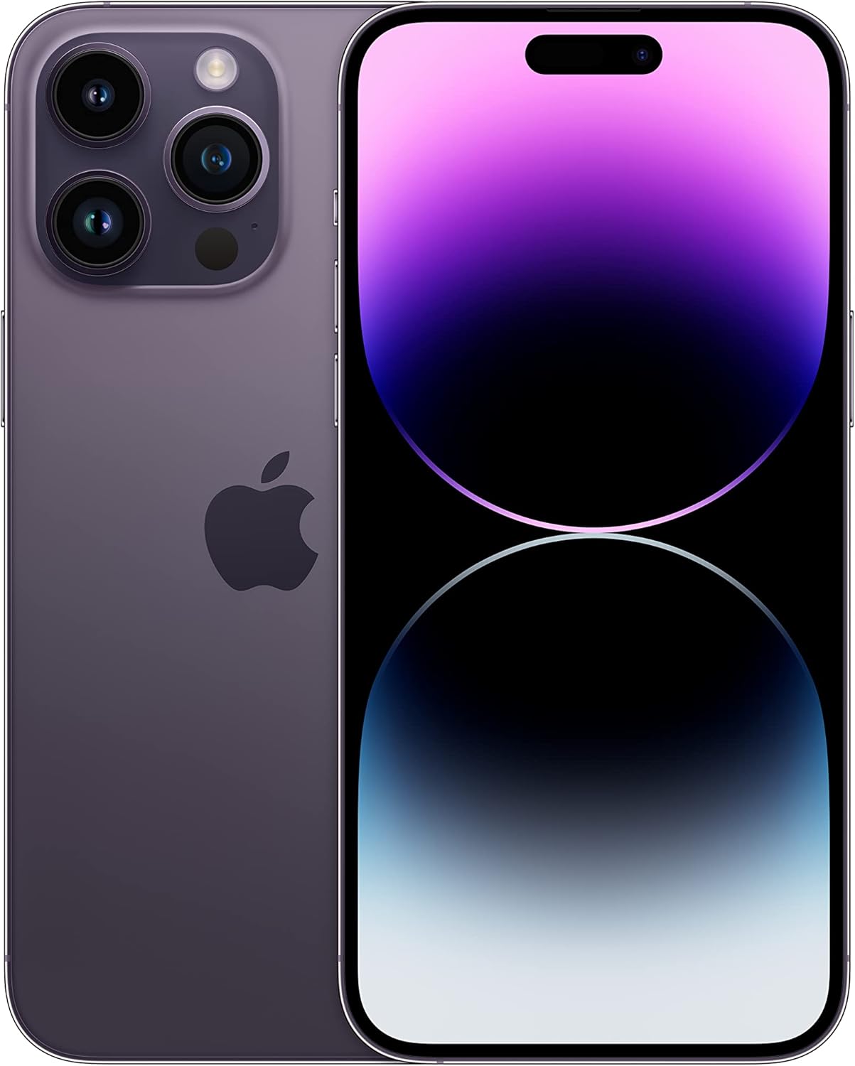 Deep Purple iPhone 14 Pro Max, front and back views, triple rear cameras