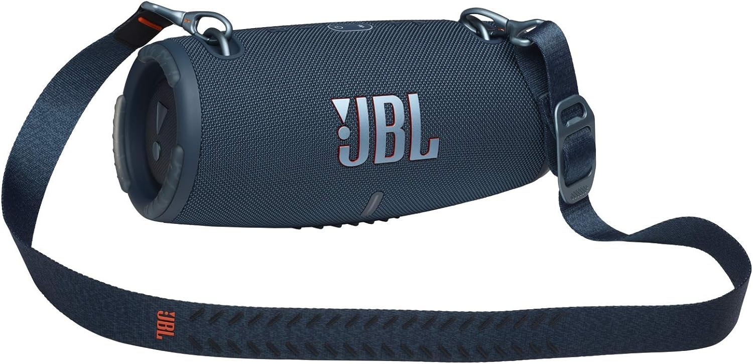 Portable waterproof speaker in blue with side controls and JBL logo