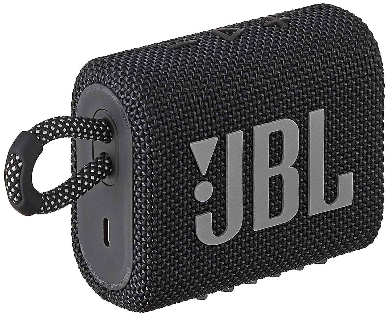 Black JBL GO 3 portable waterproof speaker with fabric mesh and carry strap