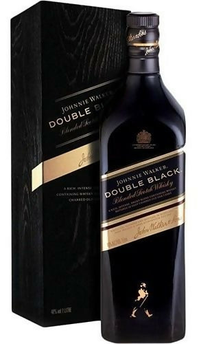 Double Black 1L whiskey bottle with presentation box, dark glass and gold label
