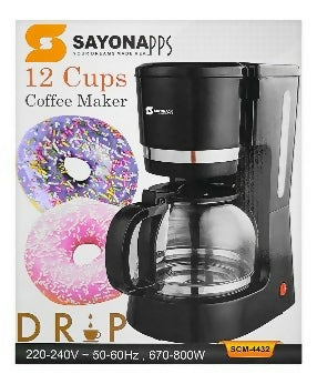 12-cup coffee maker with black housing and glass carafe, SCM-4432