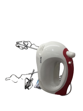 Hand mixer MHM-120 with white body, red grip, and two metal beaters
