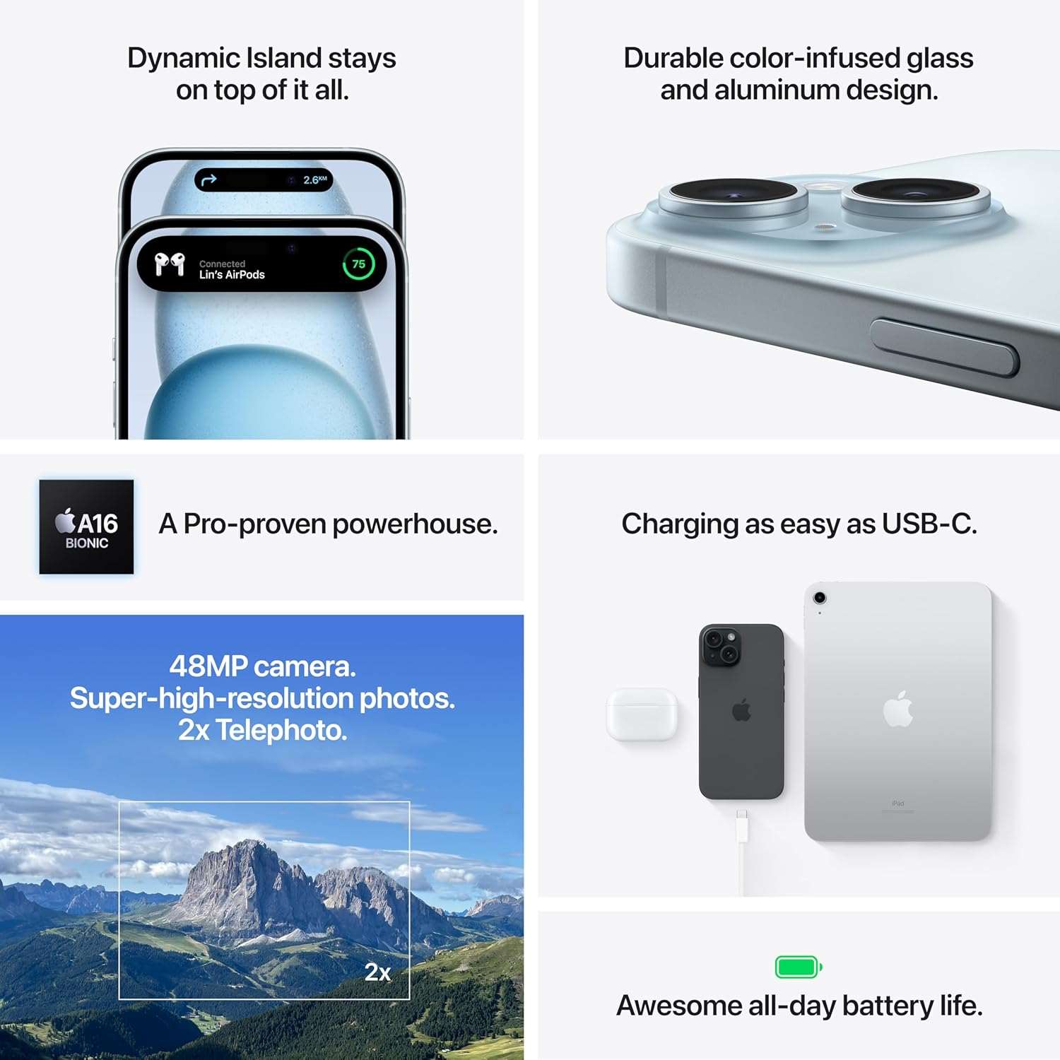 Smartphone feature collage with display, back panels, and charging cable