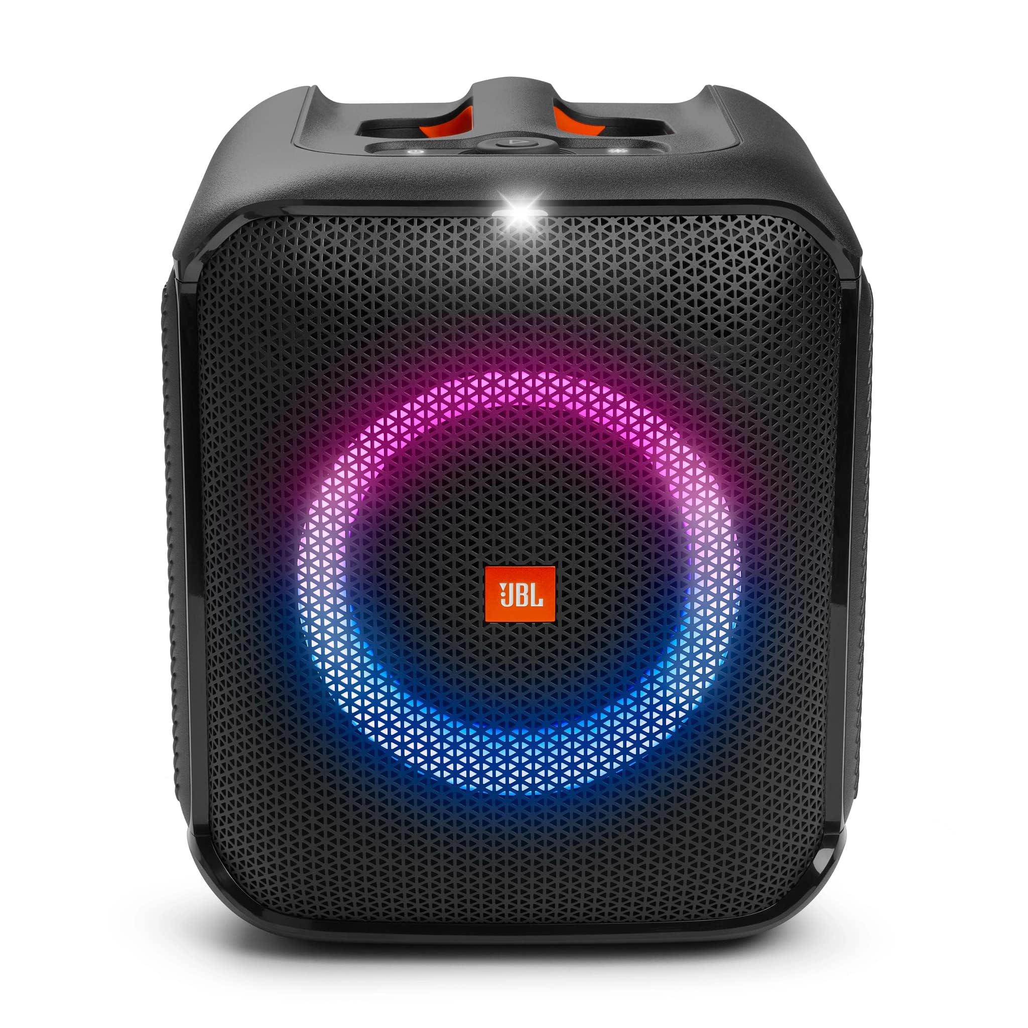 JBL PartyBox portable Bluetooth speaker front view with multicolor light pattern