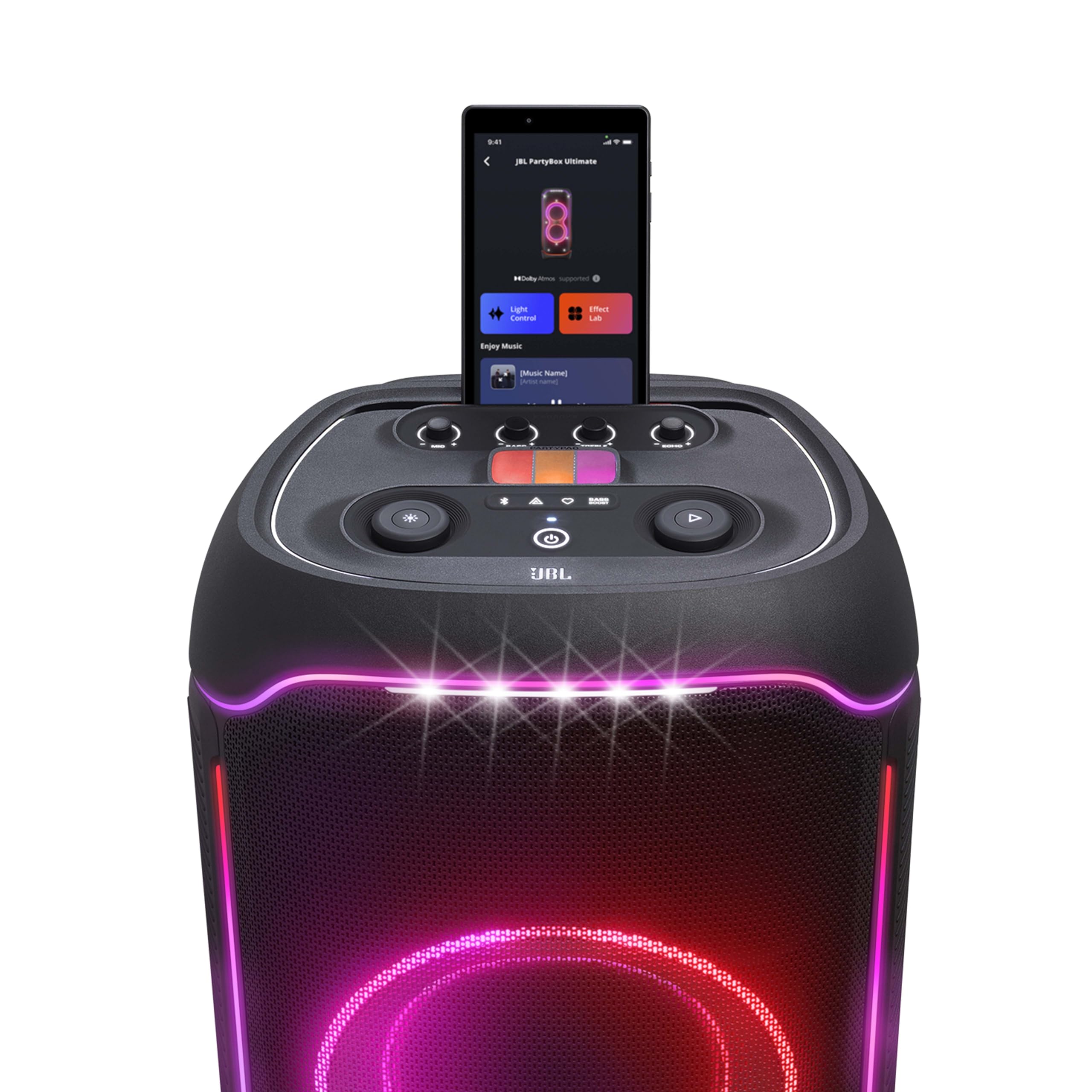 JBL portable Bluetooth speaker with top controls and pink light ring