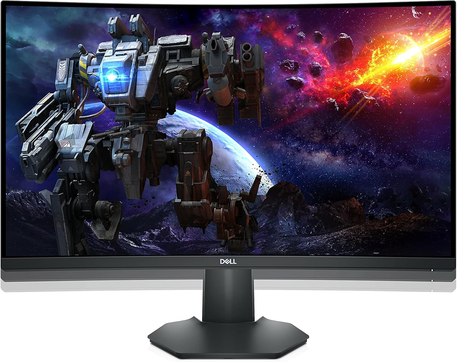 Black curved gaming monitor front view with stand, showing space battle game scene