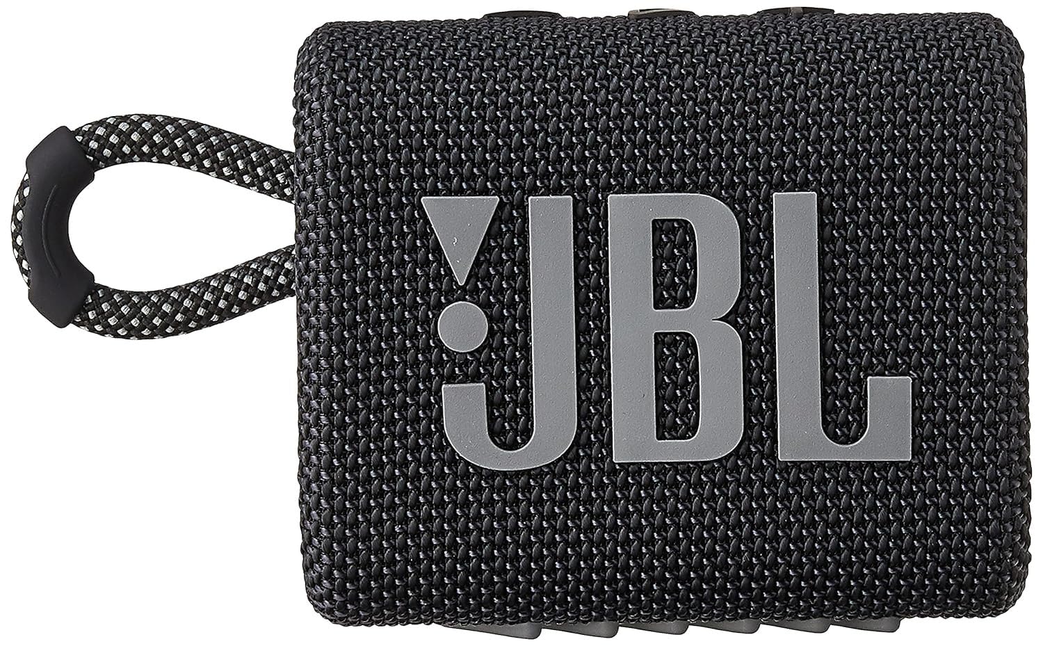 Black JBL GO 3 portable speaker with 'JBL' logo and hanging strap