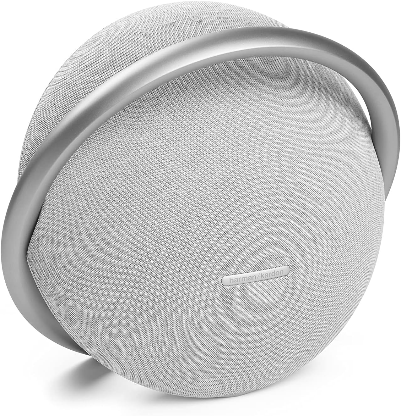 Portable Bluetooth speaker with light grey fabric grille and silver ring handle
