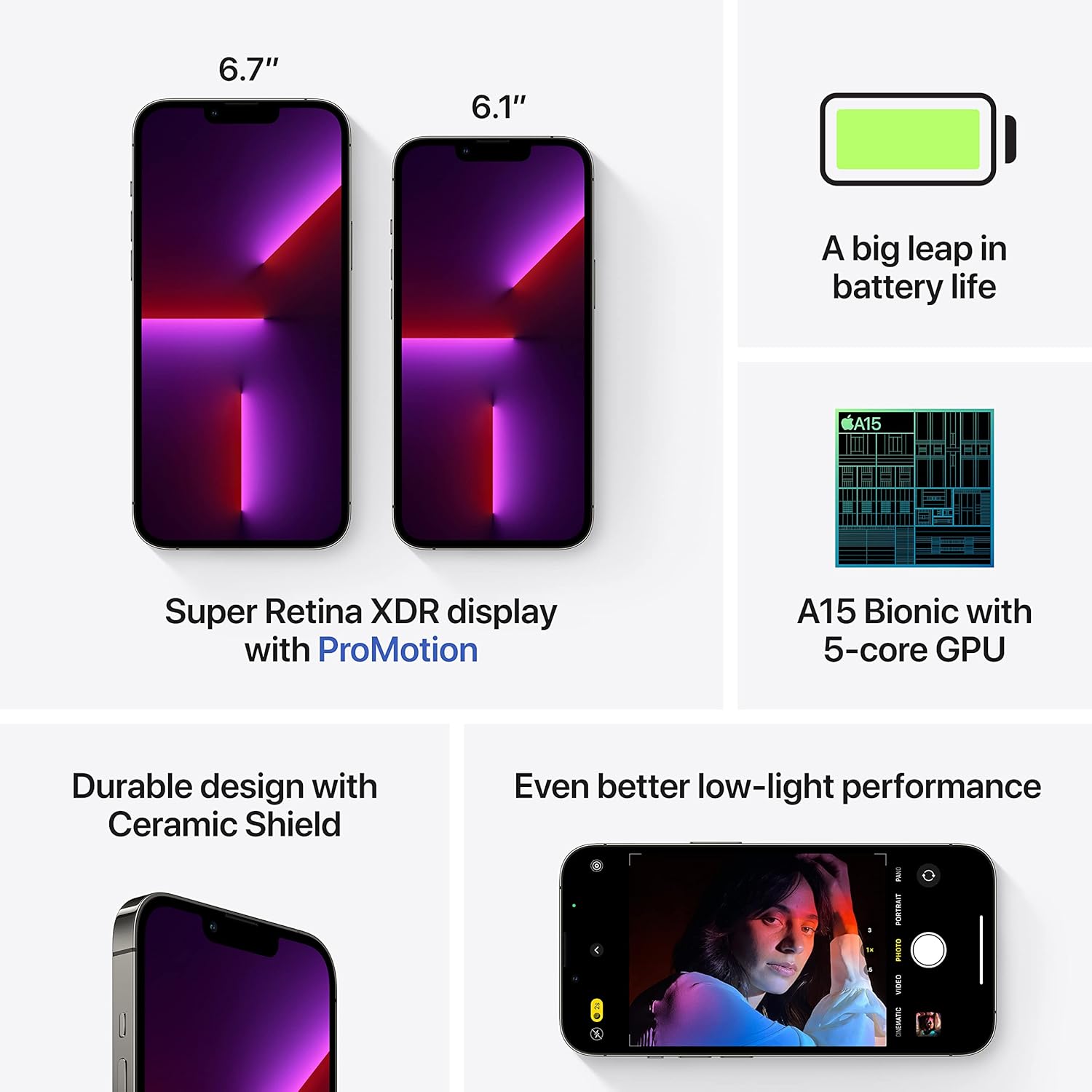 Two iPhone front views with purple screens, one larger than the other