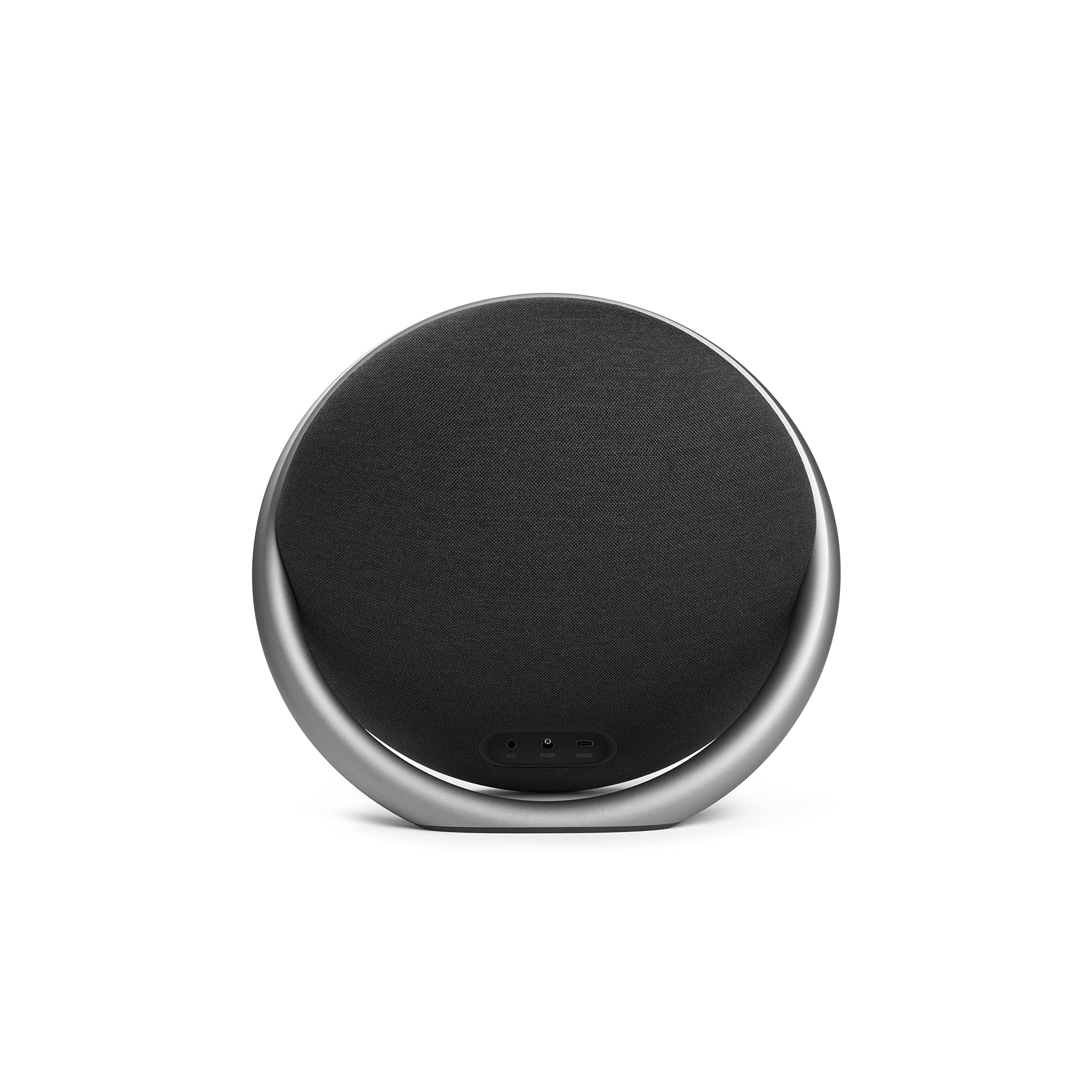 Portable Bluetooth speaker with black fabric grille and rear port panel