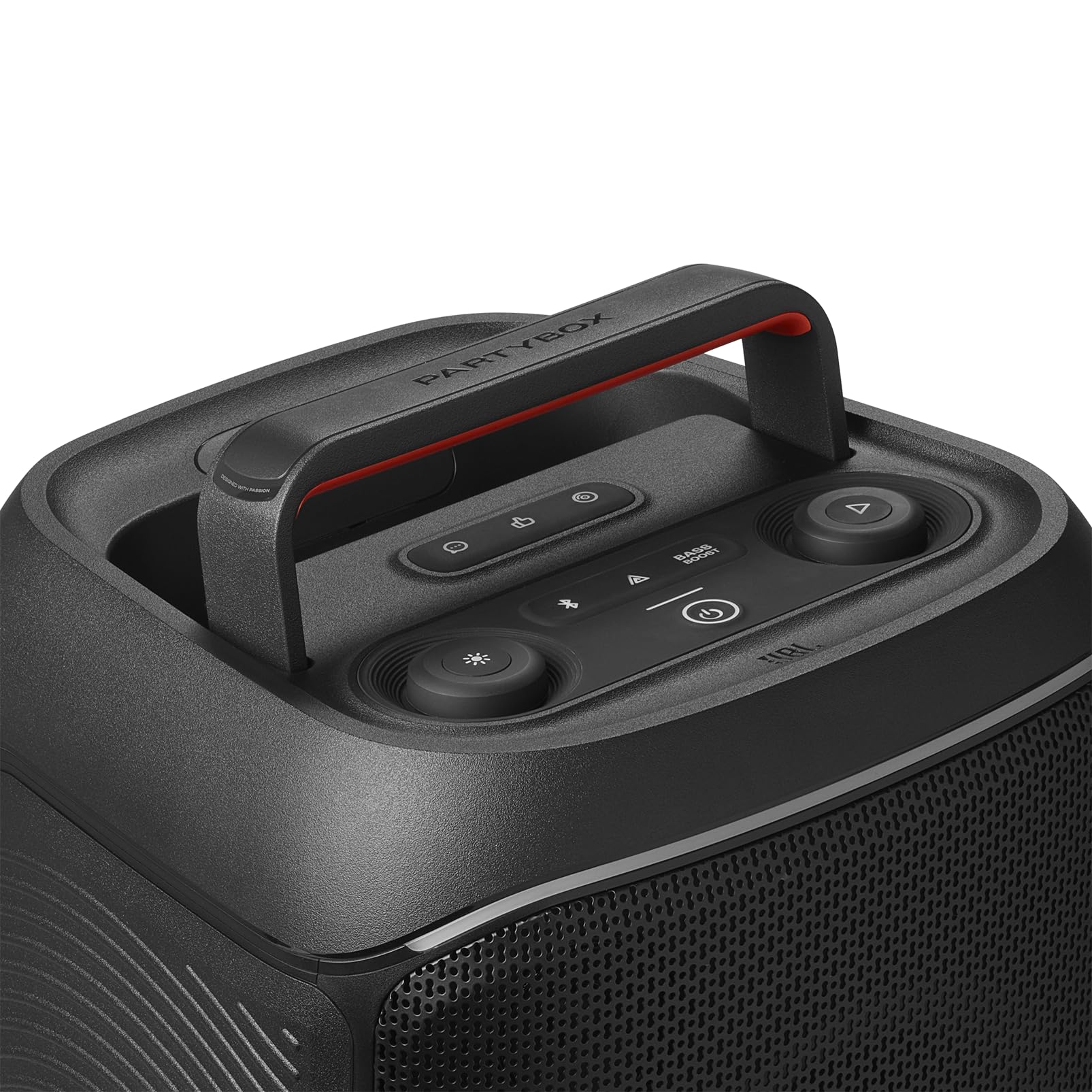 Top controls of portable Bluetooth speaker with button panel and carry handle, black