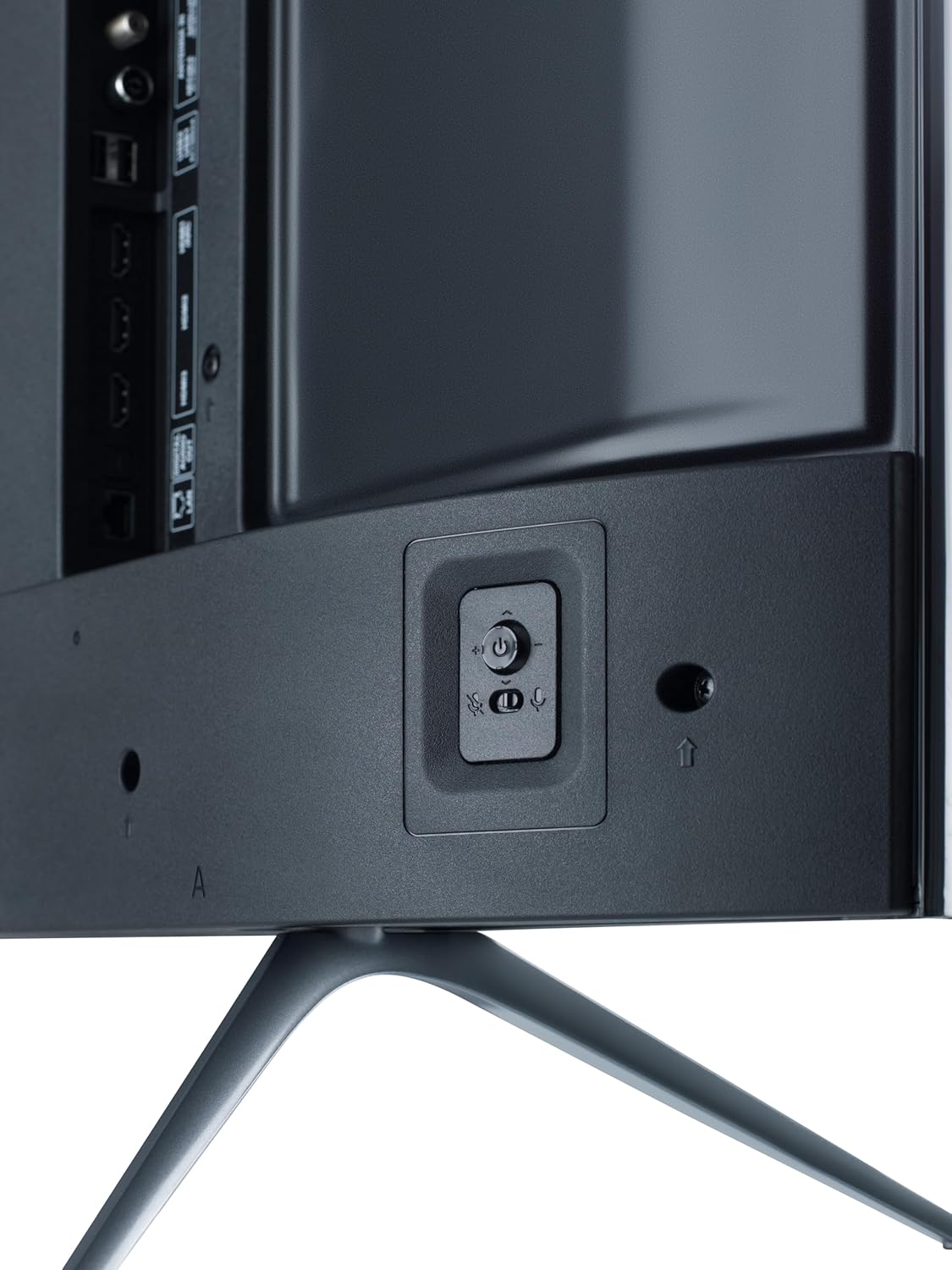 Sharp 55-inch TV lower bezel close-up with power button