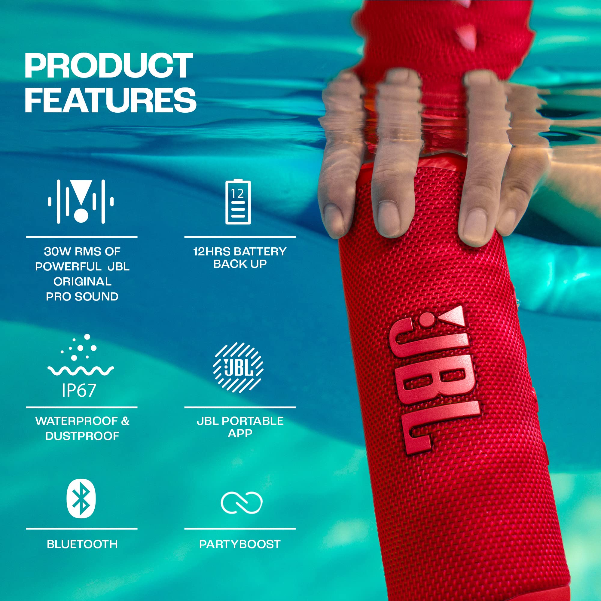 JBL Flip 6 red portable Bluetooth speaker with feature icons and battery graphic