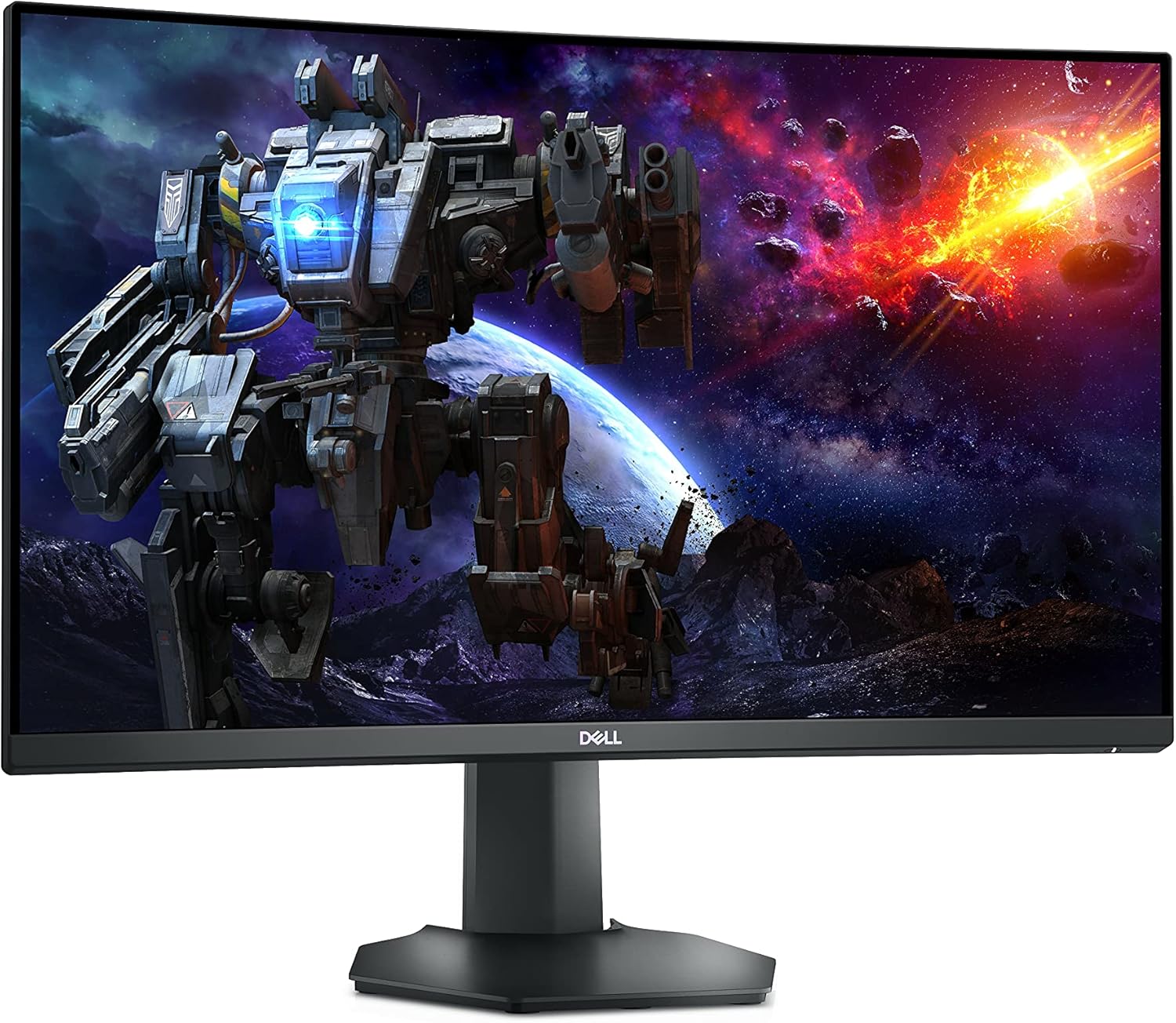 Curved gaming monitor with black bezel showing sci-fi space game on screen