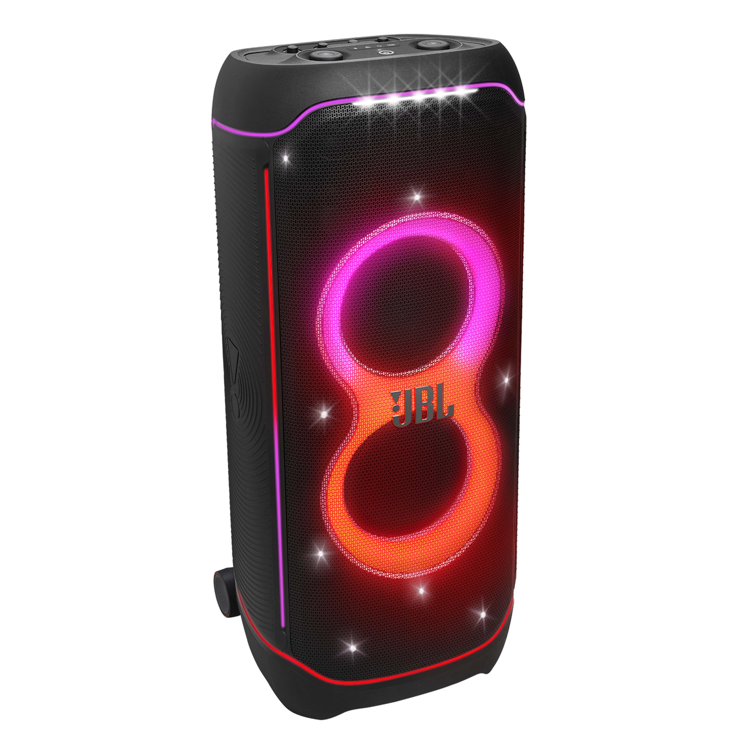 JBL PartyBox portable Bluetooth speaker with pink and orange light rings on black body