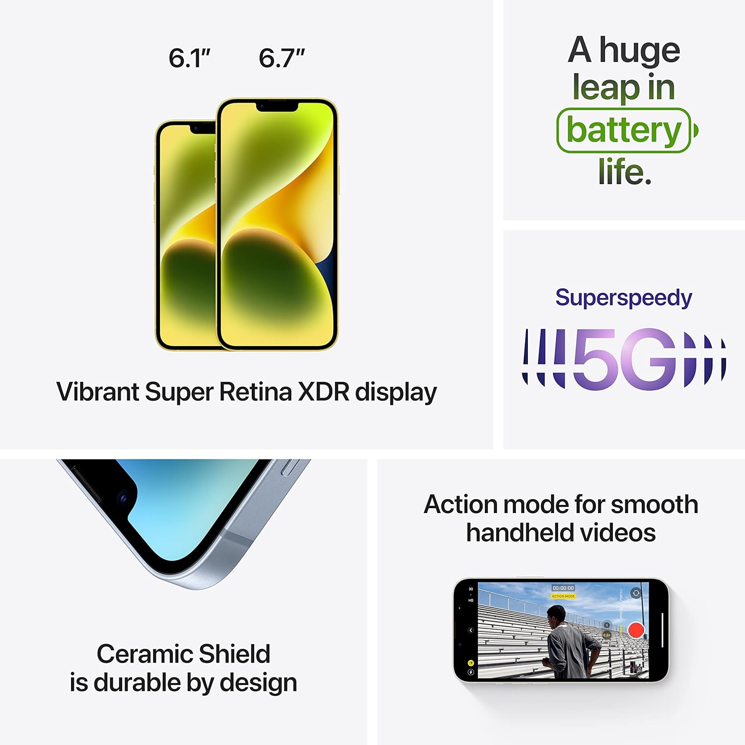 Smartphone front and back with green and yellow wallpaper, marketing card layout