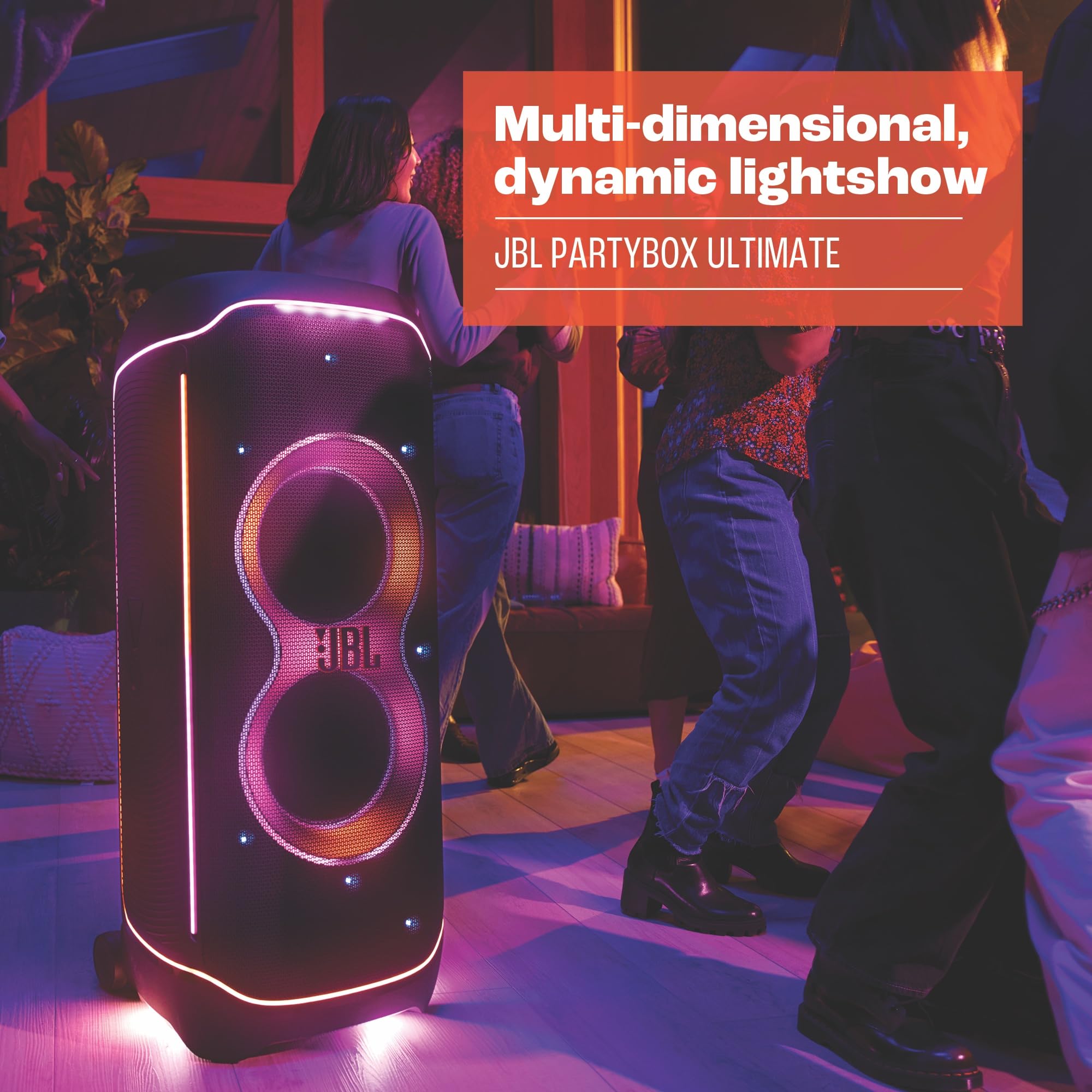 Portable Bluetooth speaker with vertical pink light strip and twin speaker LEDs