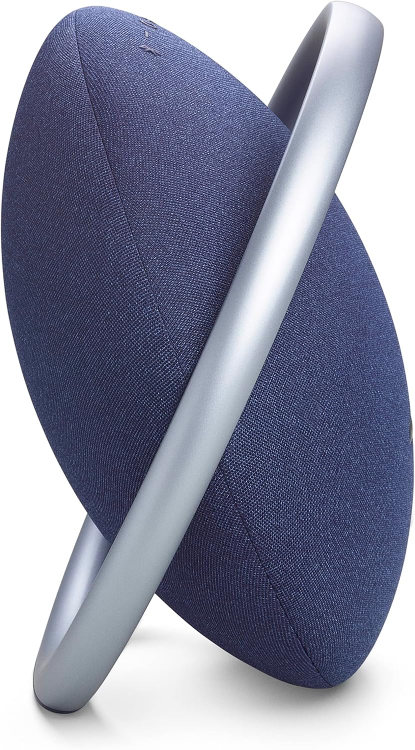 Portable Bluetooth speaker in blue fabric with silver metal side handle