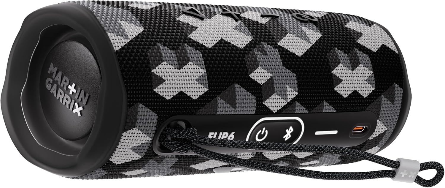 JBL Flip 6 camo speaker with control buttons and USB-C charging port on side
