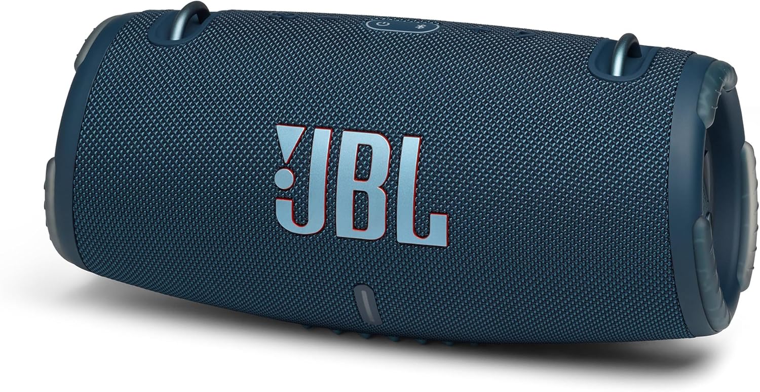 Portable waterproof speaker in blue with JBL logo and top carry handles