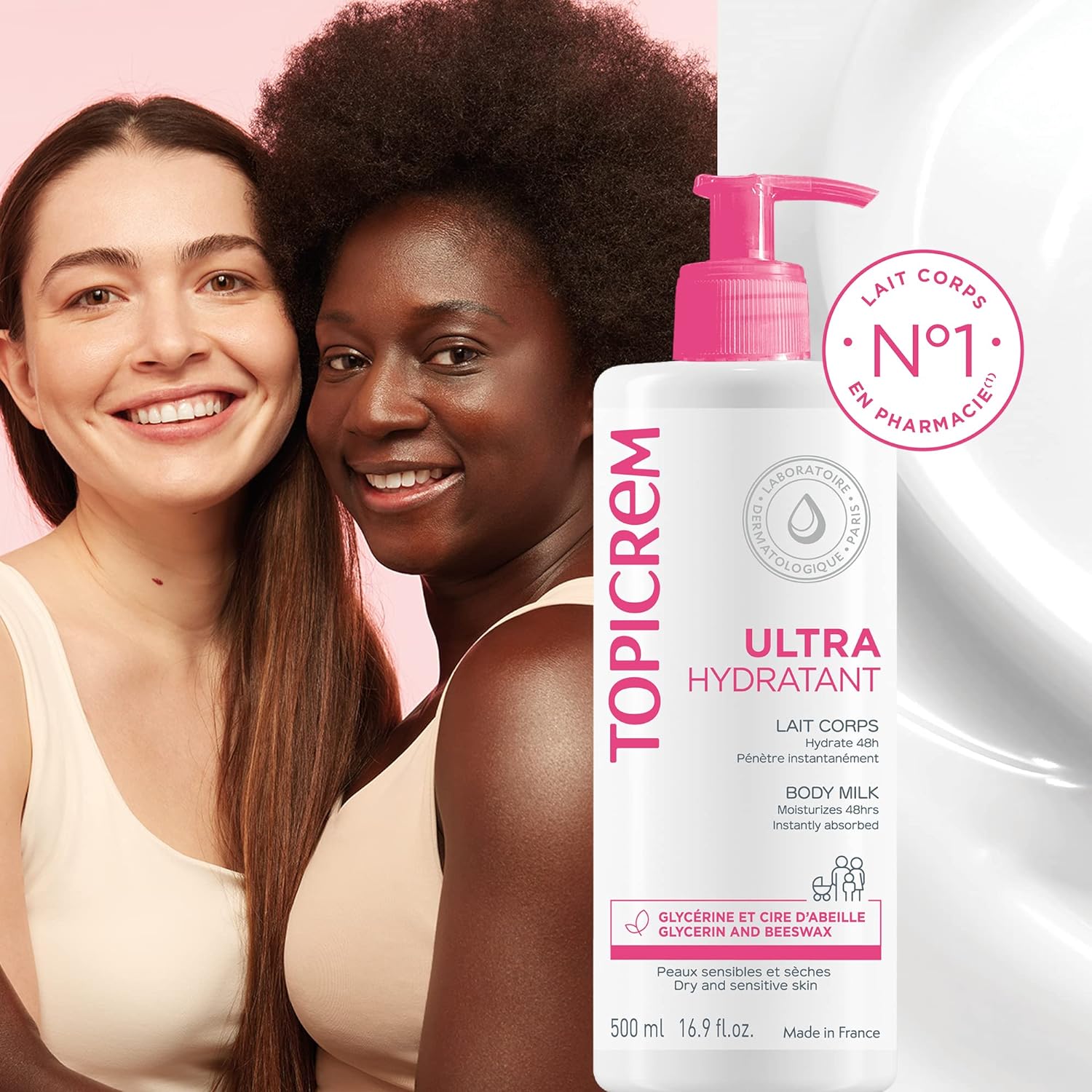 Topicrem Ultra Hydratant body milk lotion bottle with pink pump and No. 1 badge