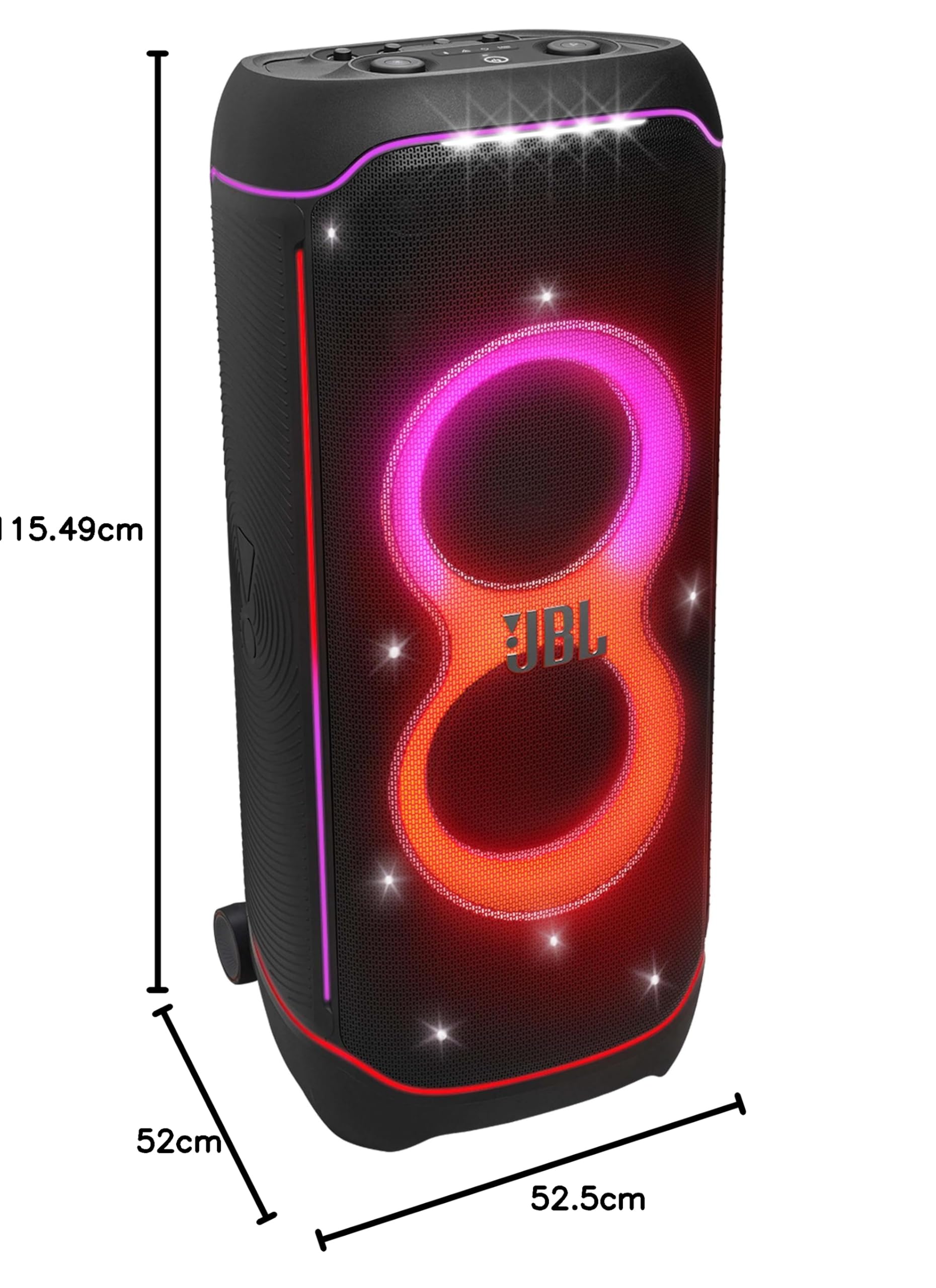 Portable Bluetooth speaker size diagram with multicolor LED light rings