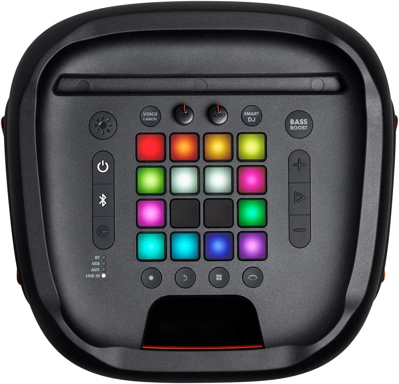 Portable Bluetooth speaker control panel with multi-color button grid and knob controls
