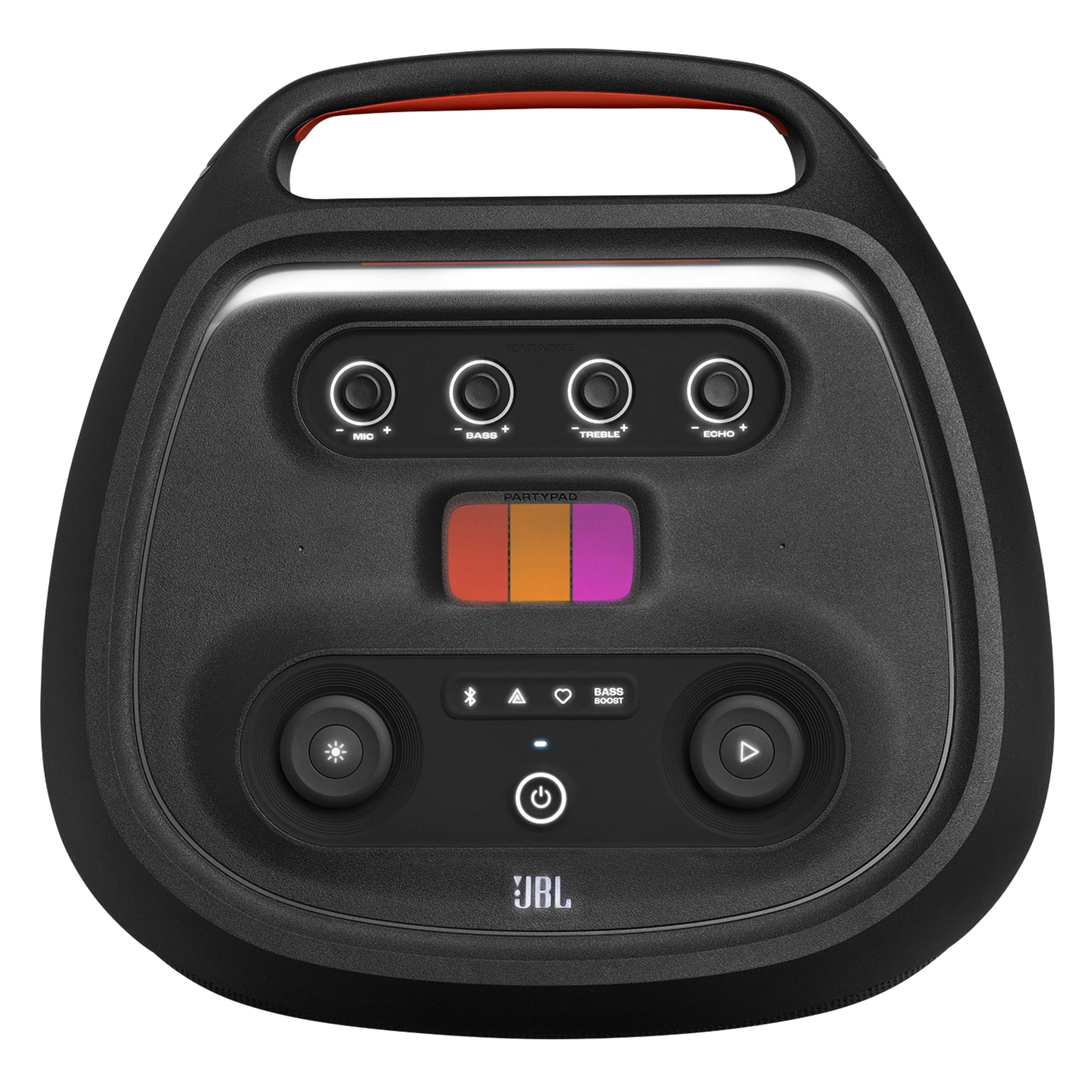 JBL portable Bluetooth speaker control panel with multi-color indicator