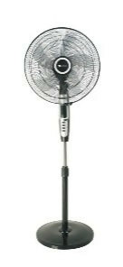 Gray pedestal fan with round metal grille and stand base
