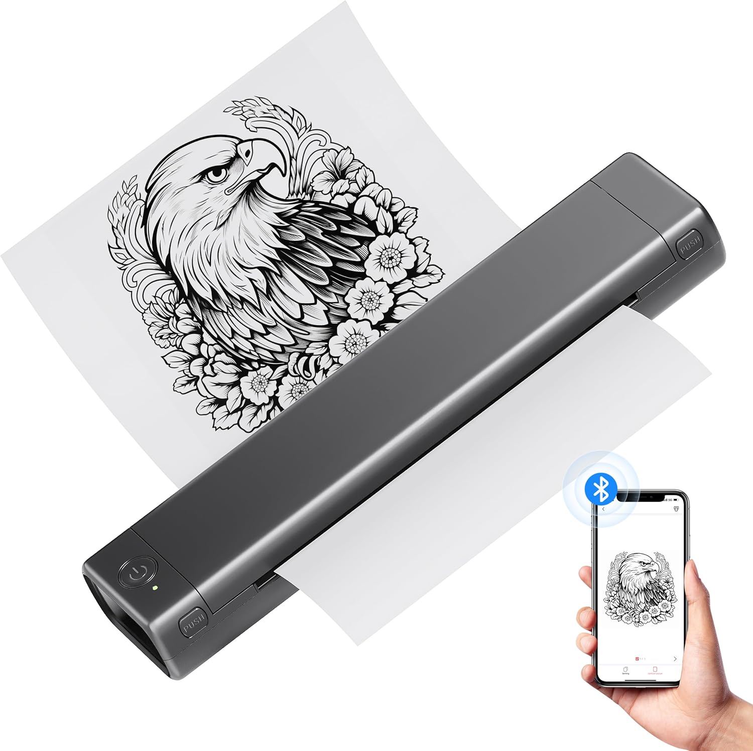 Dark gray inkless thermal A4 printer with printed photo and phone app