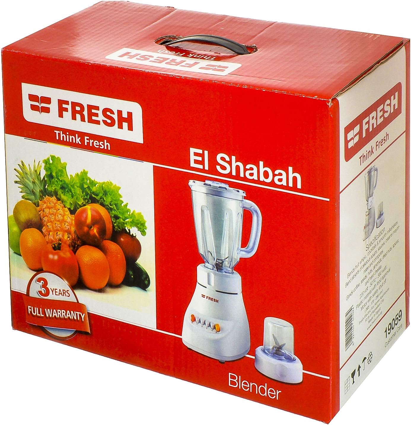 Fresh Ei Shabah blender retail box with '3 years' warranty text