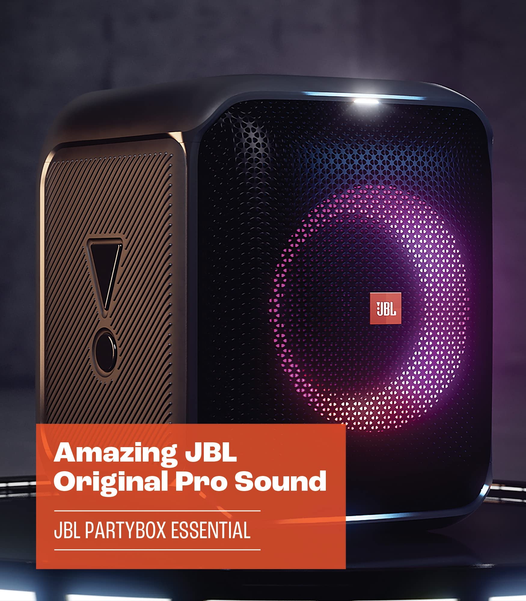JBL PartyBox portable Bluetooth speaker, black with purple LED light ring and front grille