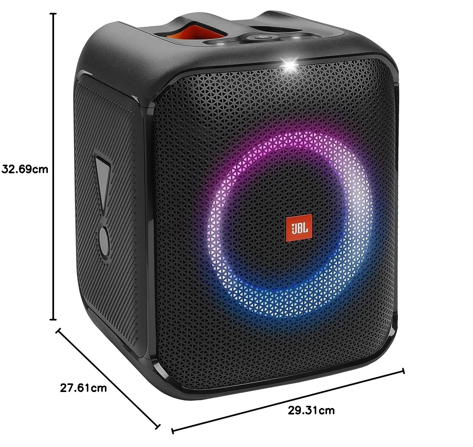 Black JBL portable Bluetooth speaker with multicolor LED light ring, front angled view