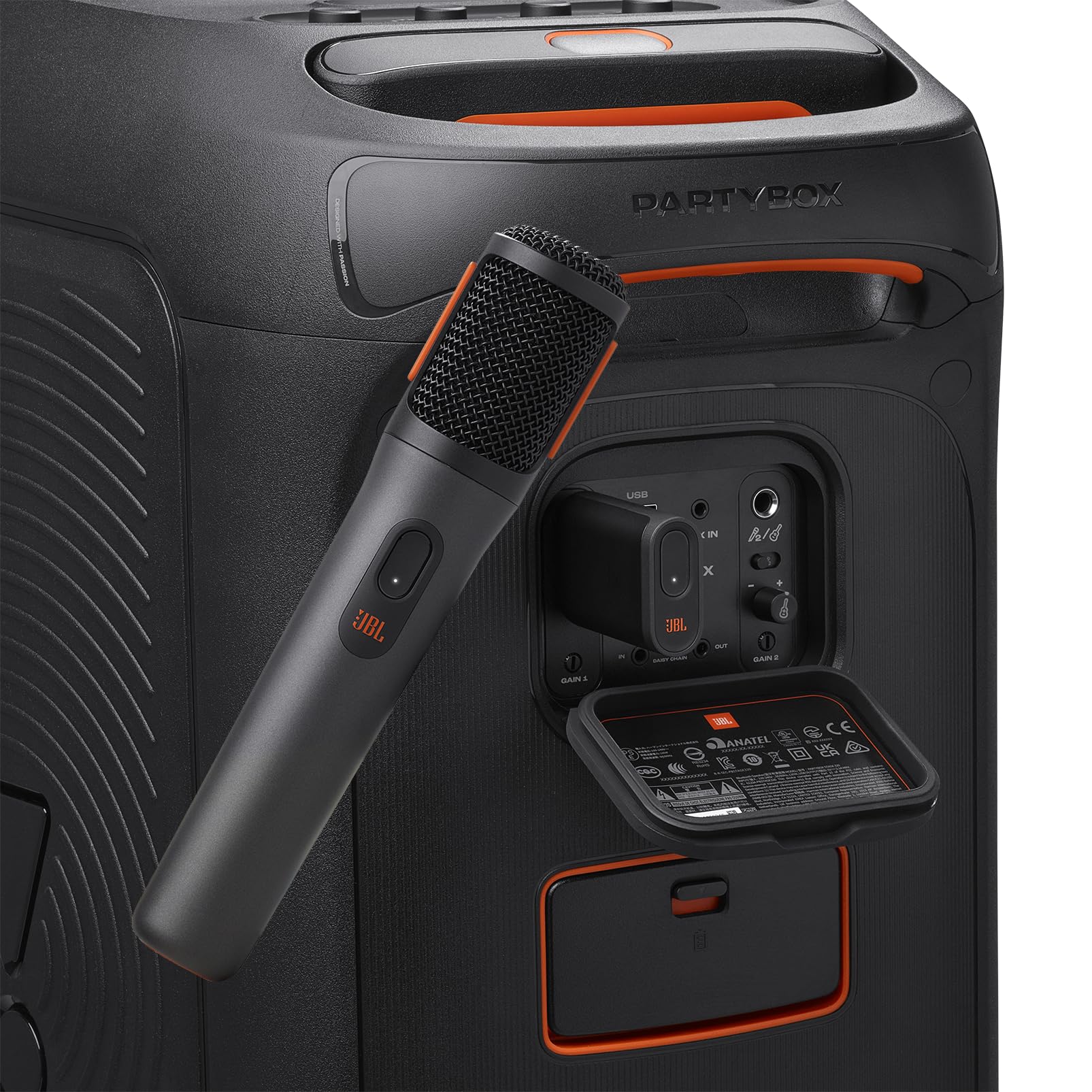 Black handheld microphone with wire-mesh grille and orange trim