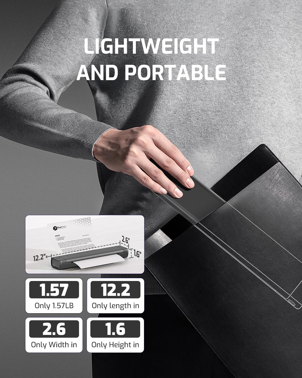 Compact lightweight inkless thermal printer with slim body and printed sheet