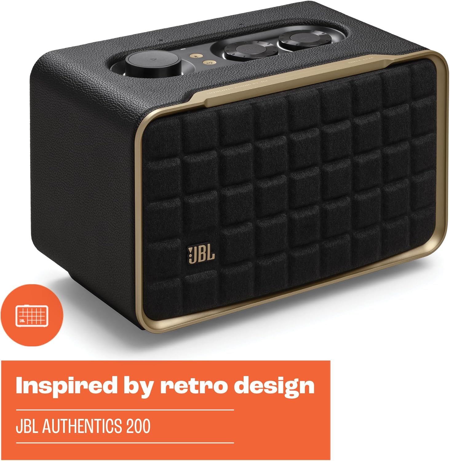 JBL retro smart speaker side view with textured black grille and top control buttons