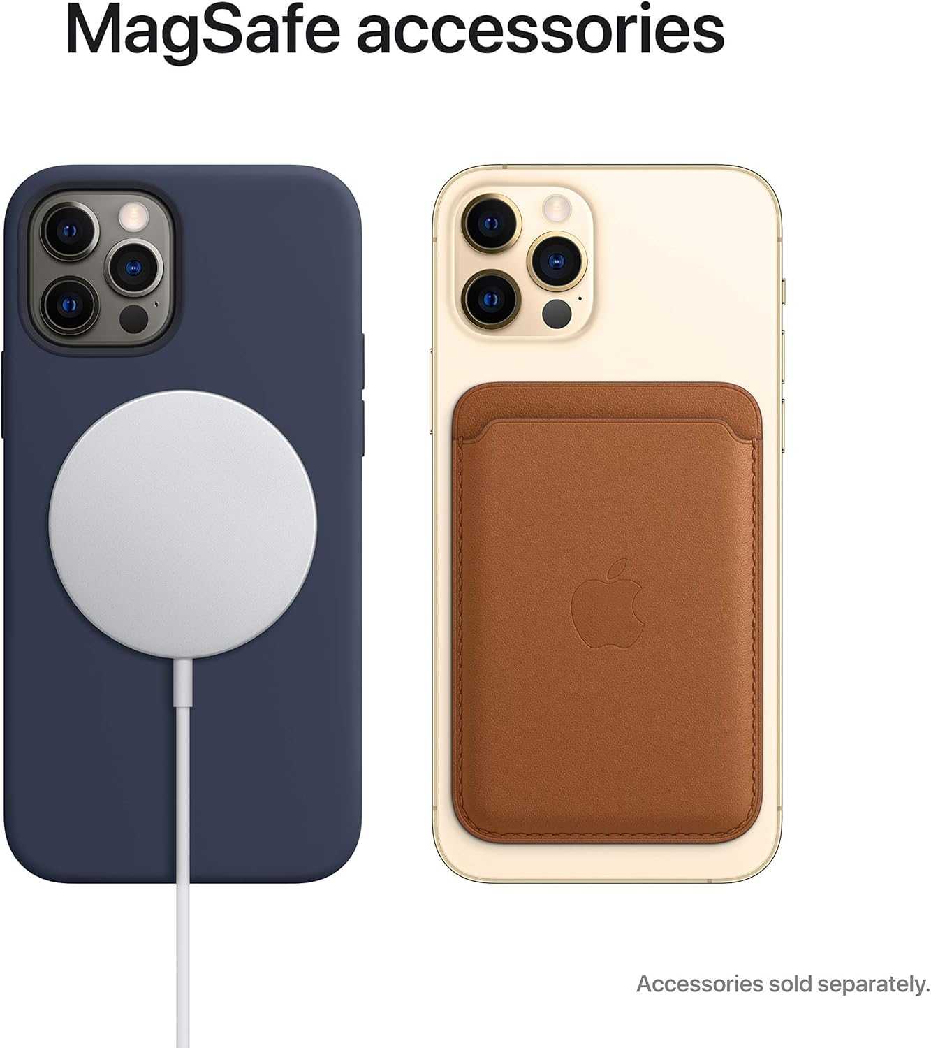 MagSafe accessories set: navy iPhone case with MagSafe puck and brown leather card