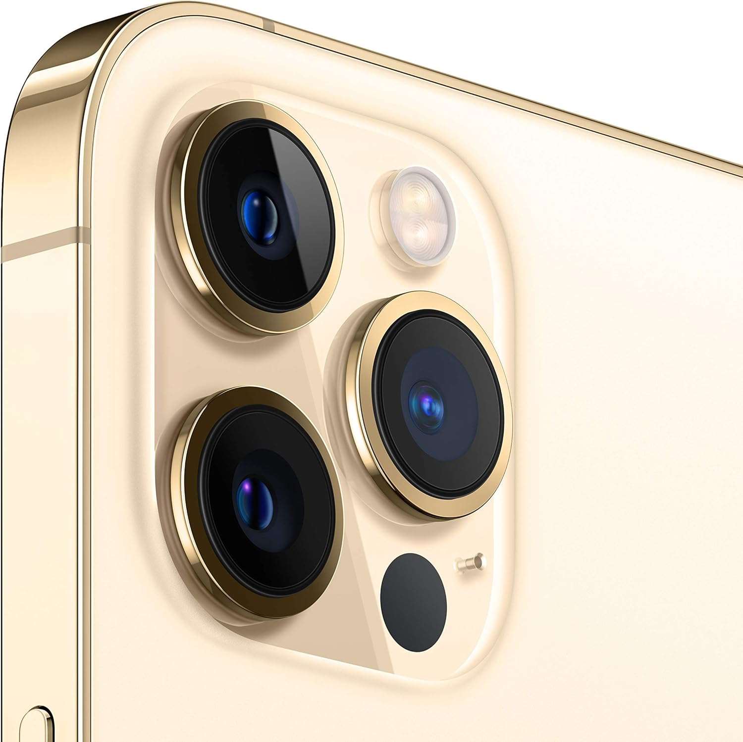 iPhone 12 Pro Max gold back close-up with triple camera lenses and flash visible