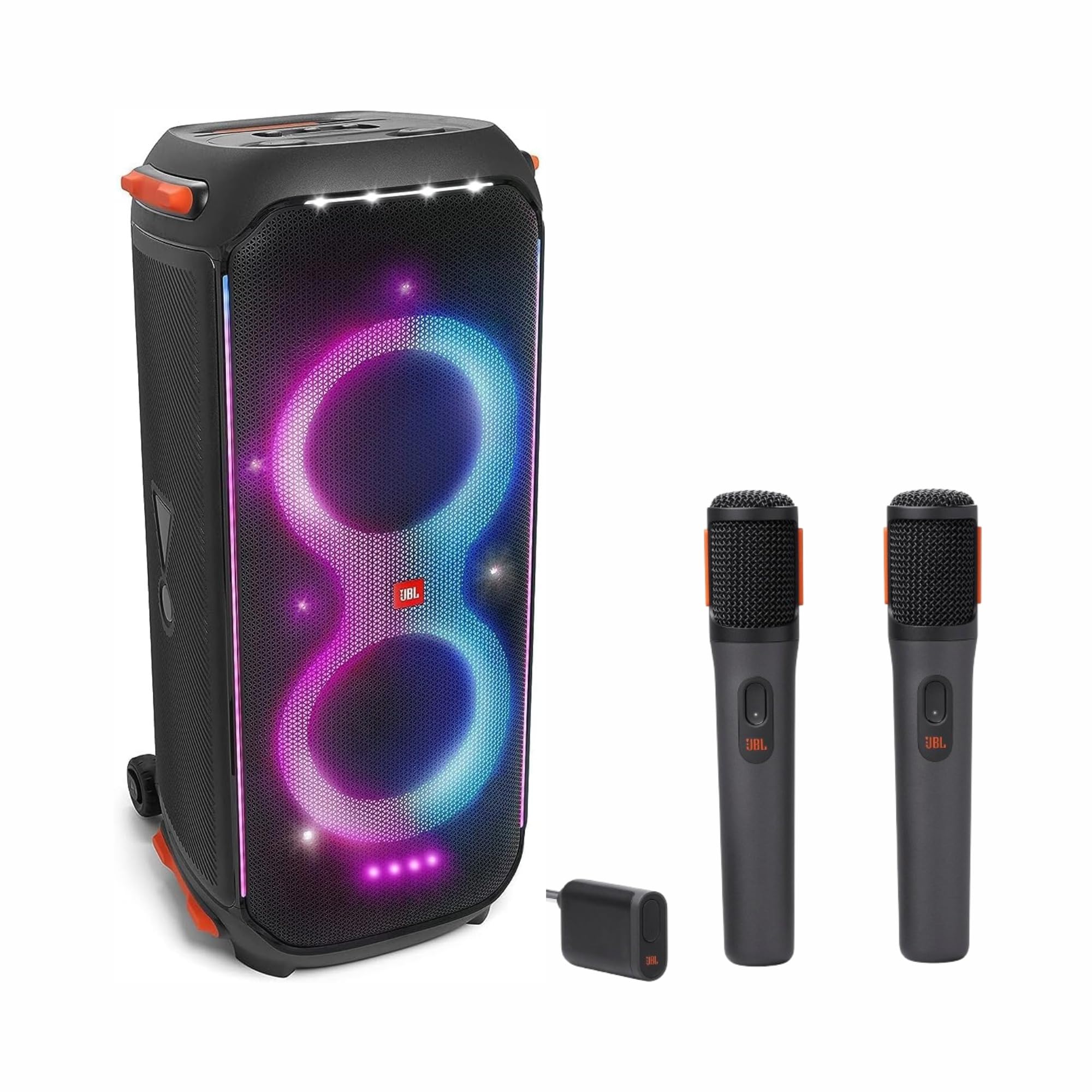 JBL PartyBox portable Bluetooth speaker with purple light rings and two wireless microphones